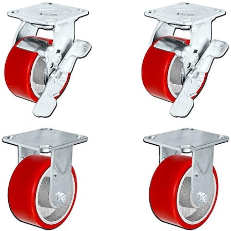 Casterhq Heavy Duty Casters, 4"x2" Heavy Duty Caster Set W/, PK4 HD6640-01-PCI-2SL-2R-V